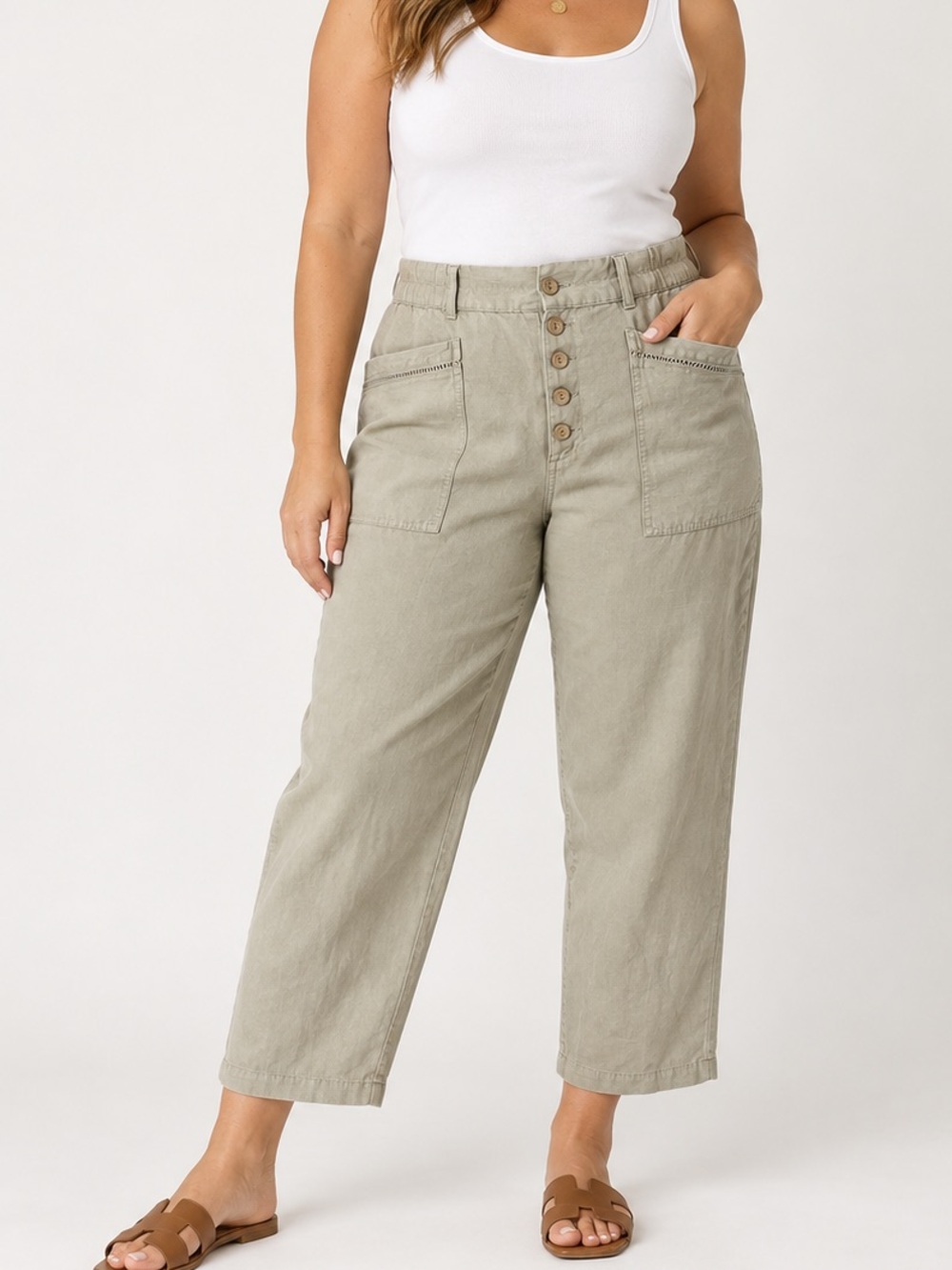 Sundance Linen Blend Sage Green Button Fly Cropped Utility Pants